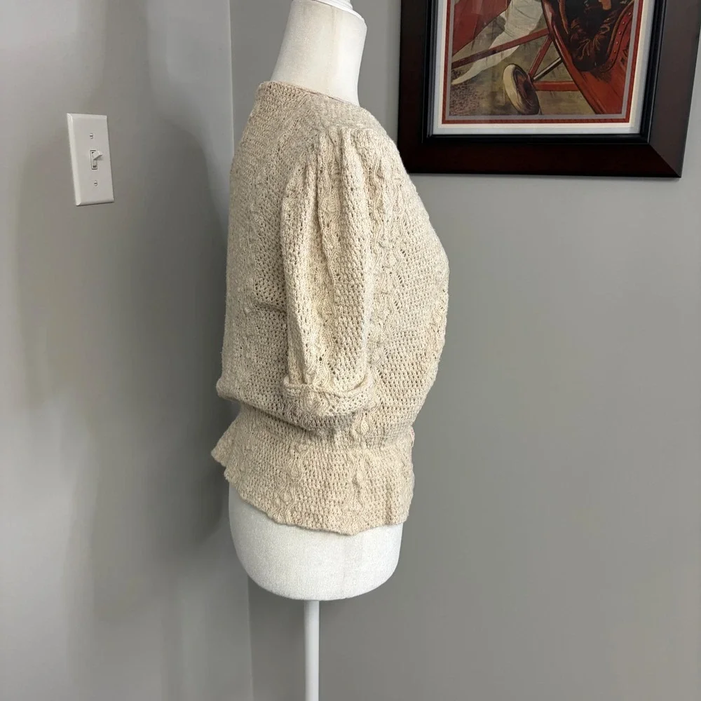 Vintage Style Crochet Knit Cardigan and Camisole Set Beige Pink Ribbon Trim